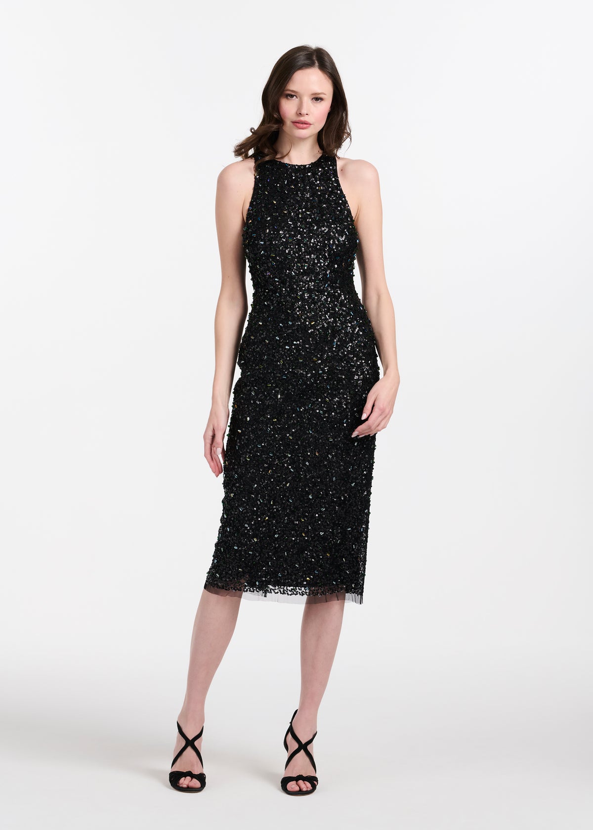 Encrusted Glass Jet And Emerald Beaded Racerback Midi Dress