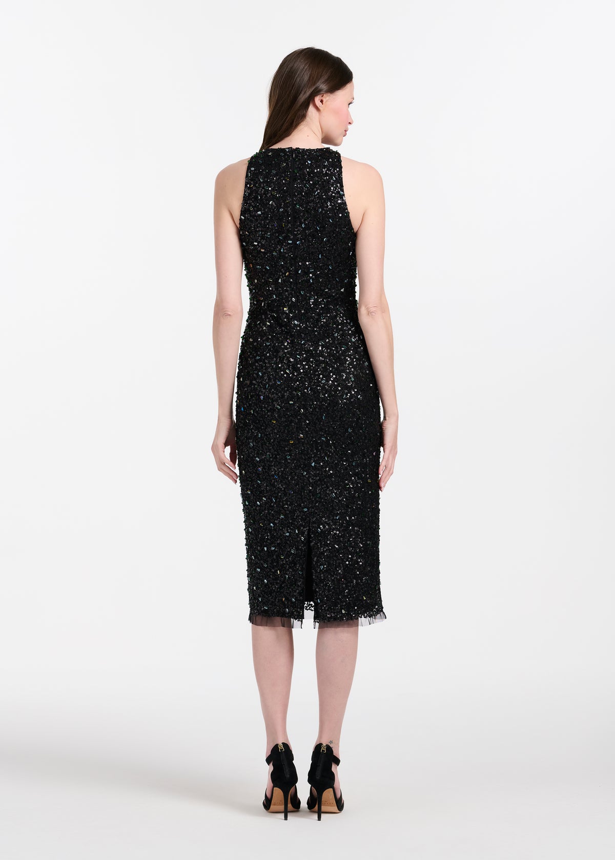 Encrusted Glass Jet And Emerald Beaded Racerback Midi Dress