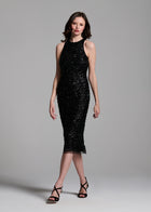 Encrusted Glass Jet And Emerald Beaded Racerback Midi Dress