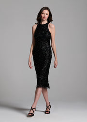 Encrusted Glass Jet And Emerald Beaded Racerback Midi Dress
