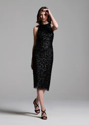 Encrusted Glass Jet And Emerald Beaded Racerback Midi Dress