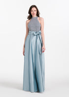 PEARL MOCK NECK TAFFETA GOWN LIGHT BLUE
