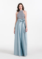 PEARL MOCK NECK TAFFETA GOWN LIGHT BLUE
