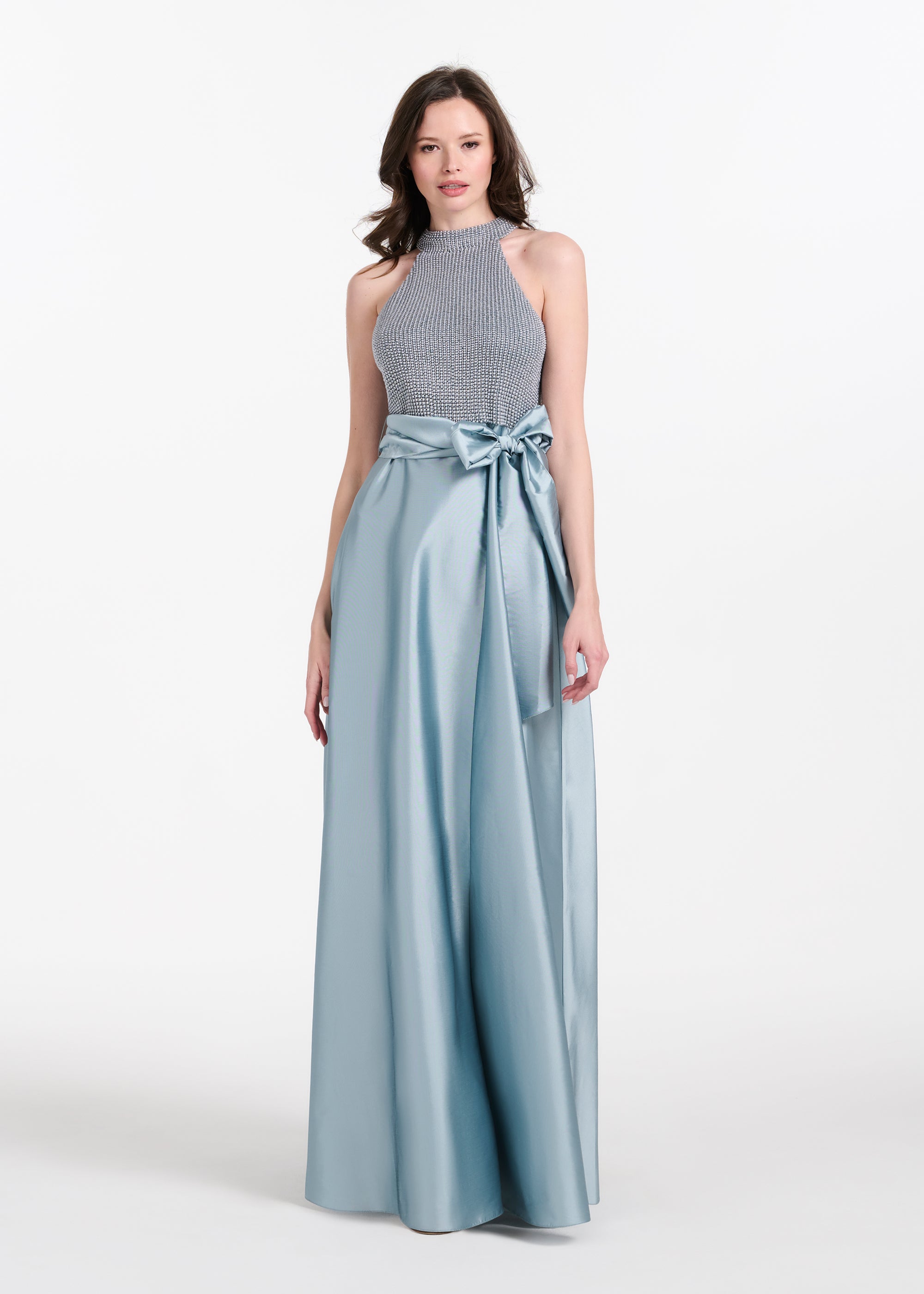 PEARL MOCK NECK TAFFETA GOWN LIGHT BLUE