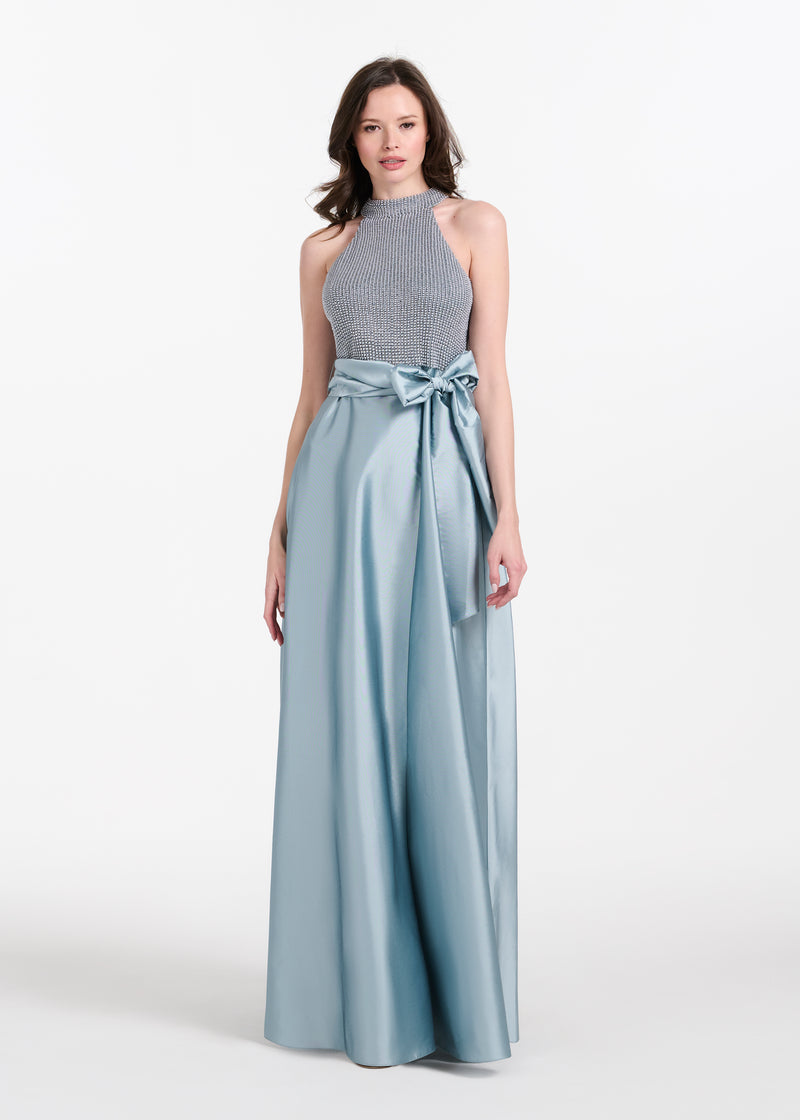 PEARL MOCK NECK TAFFETA GOWN LIGHT BLUE