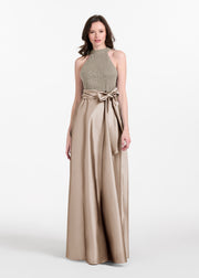 PEARL MOCK NECK TAFFETA GOWN SILVER-SUNTAN