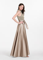 PEARL MOCK NECK TAFFETA GOWN SILVER-SUNTAN