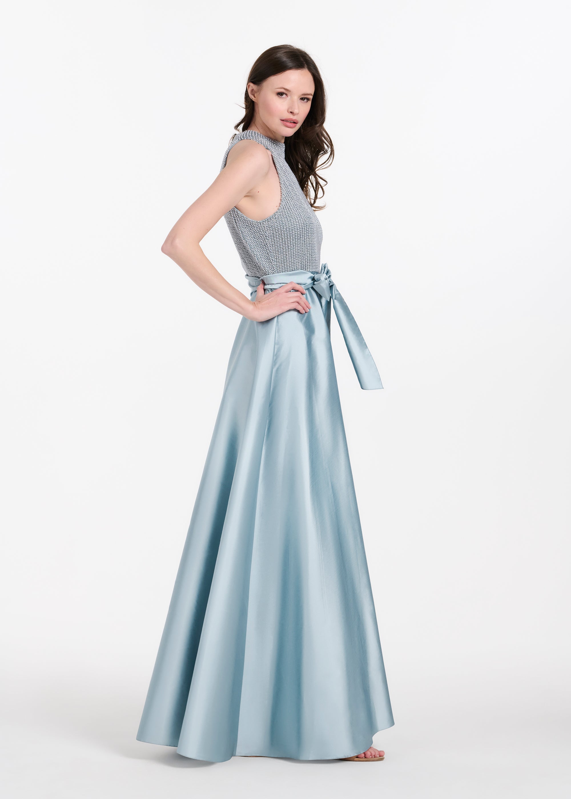 PEARL MOCK NECK TAFFETA GOWN LIGHT BLUE