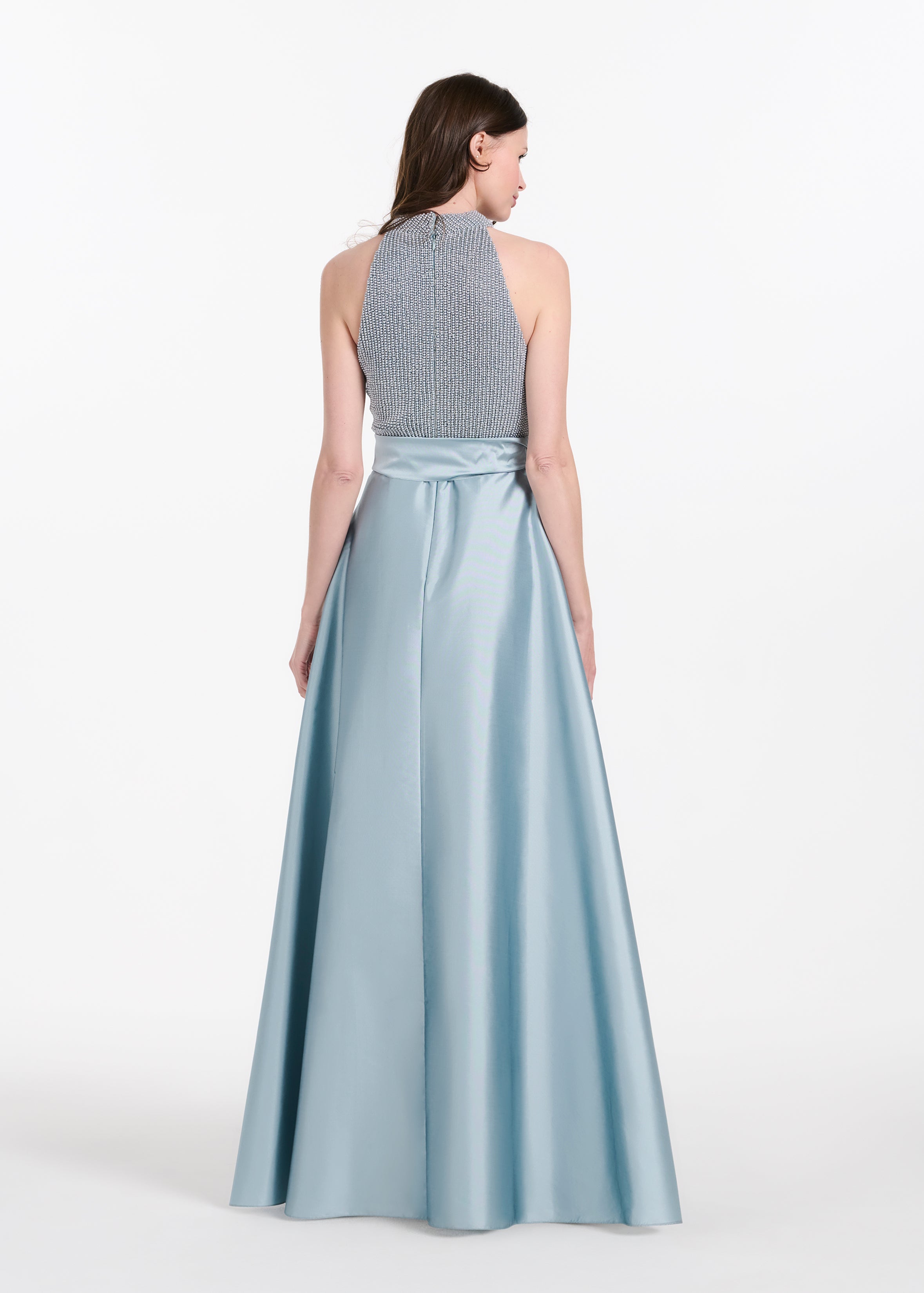 PEARL MOCK NECK TAFFETA GOWN LIGHT BLUE