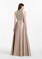 PEARL MOCK NECK TAFFETA GOWN SILVER-SUNTAN