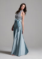 PEARL MOCK NECK TAFFETA GOWN LIGHT BLUE