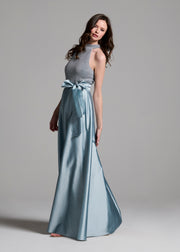 PEARL MOCK NECK TAFFETA GOWN LIGHT BLUE