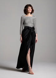 BEADED STRIPED GOWN WITH TAFFETA SKIRT