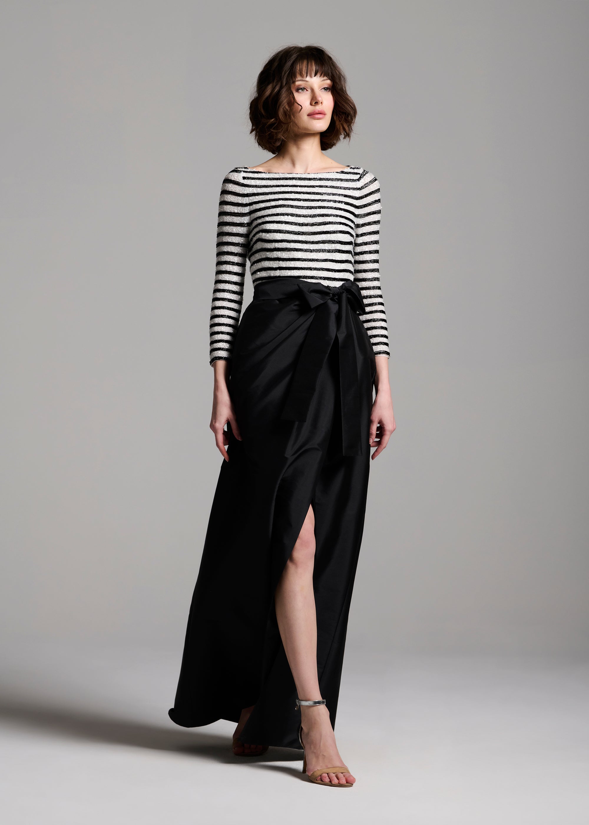 BEADED STRIPED GOWN WITH TAFFETA SKIRT