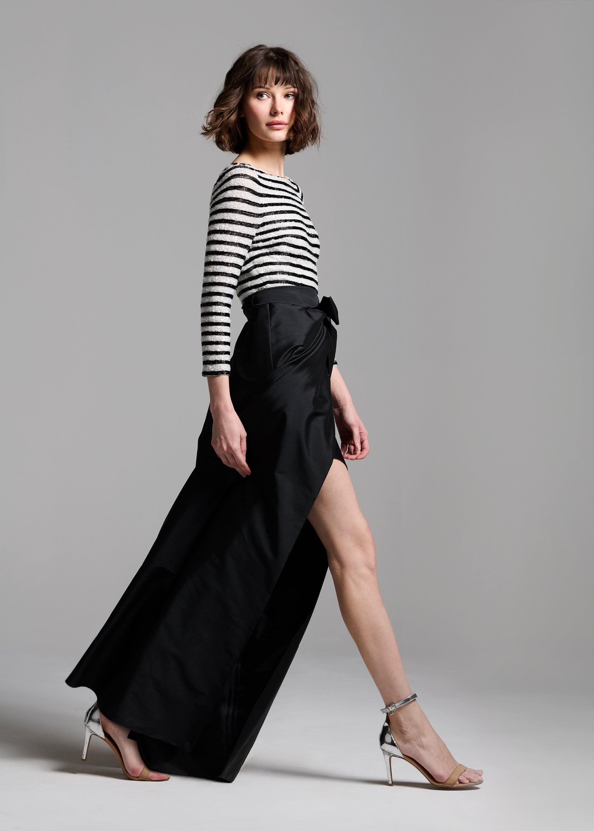 BEADED STRIPED GOWN WITH TAFFETA SKIRT