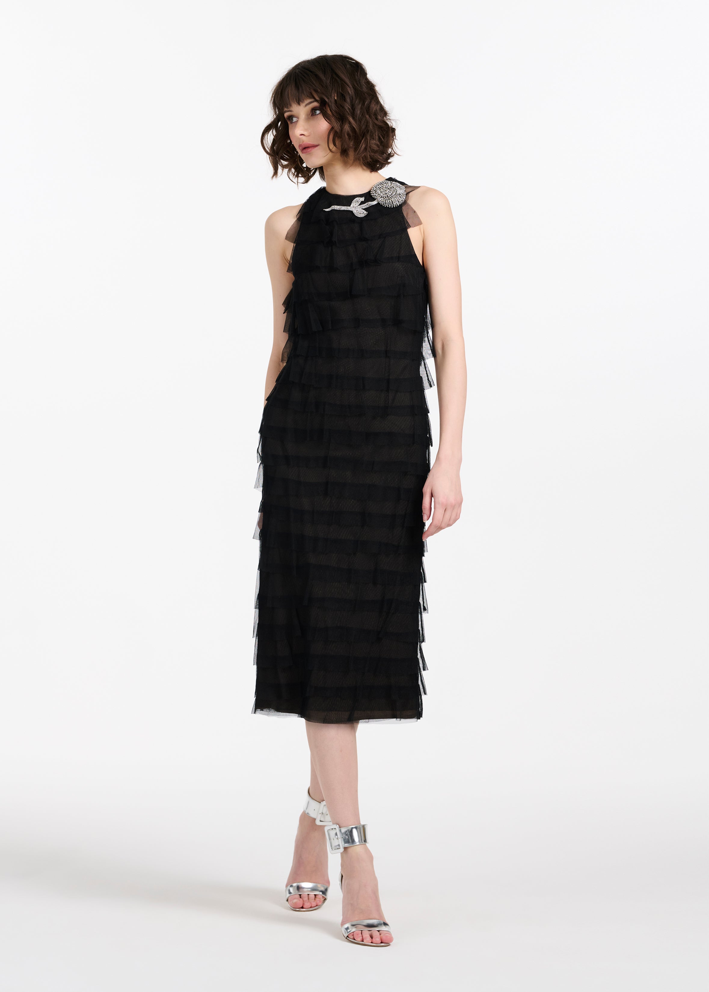 SPANISH LUXE TULLE LAYERED DRESS WITH CRYSTAL FLOWER