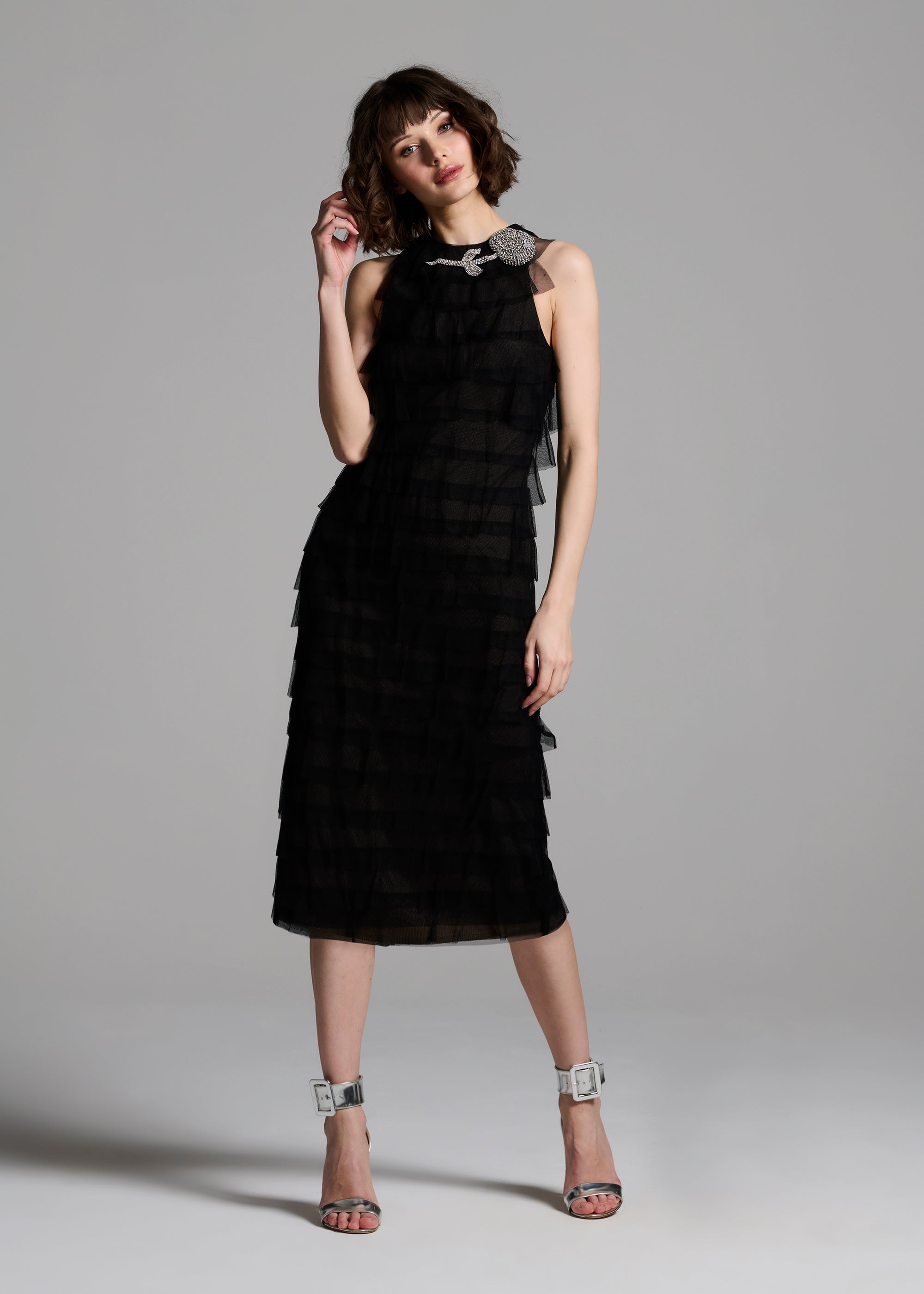 SPANISH LUXE TULLE LAYERED DRESS WITH CRYSTAL FLOWER