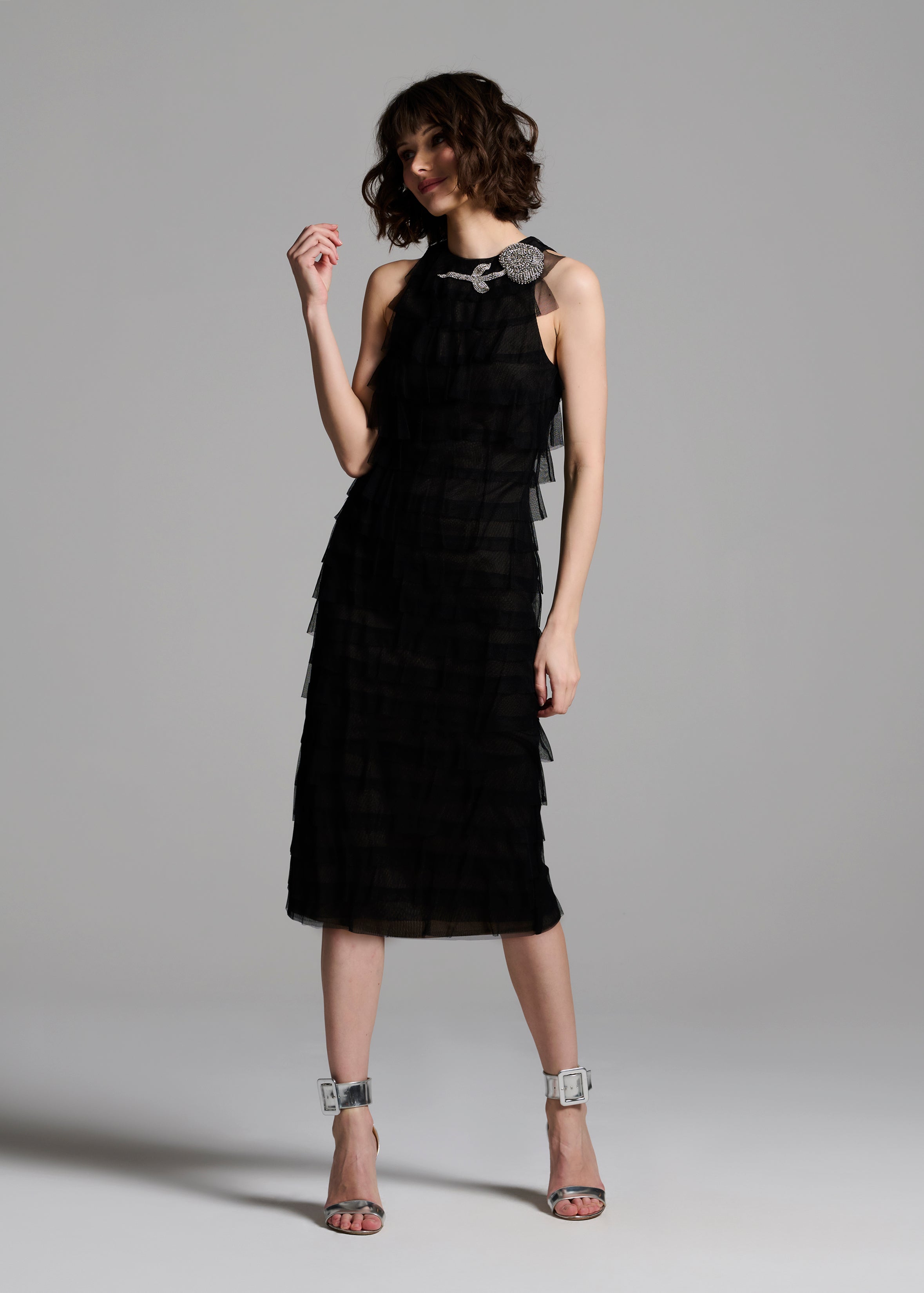SPANISH LUXE TULLE LAYERED DRESS WITH CRYSTAL FLOWER