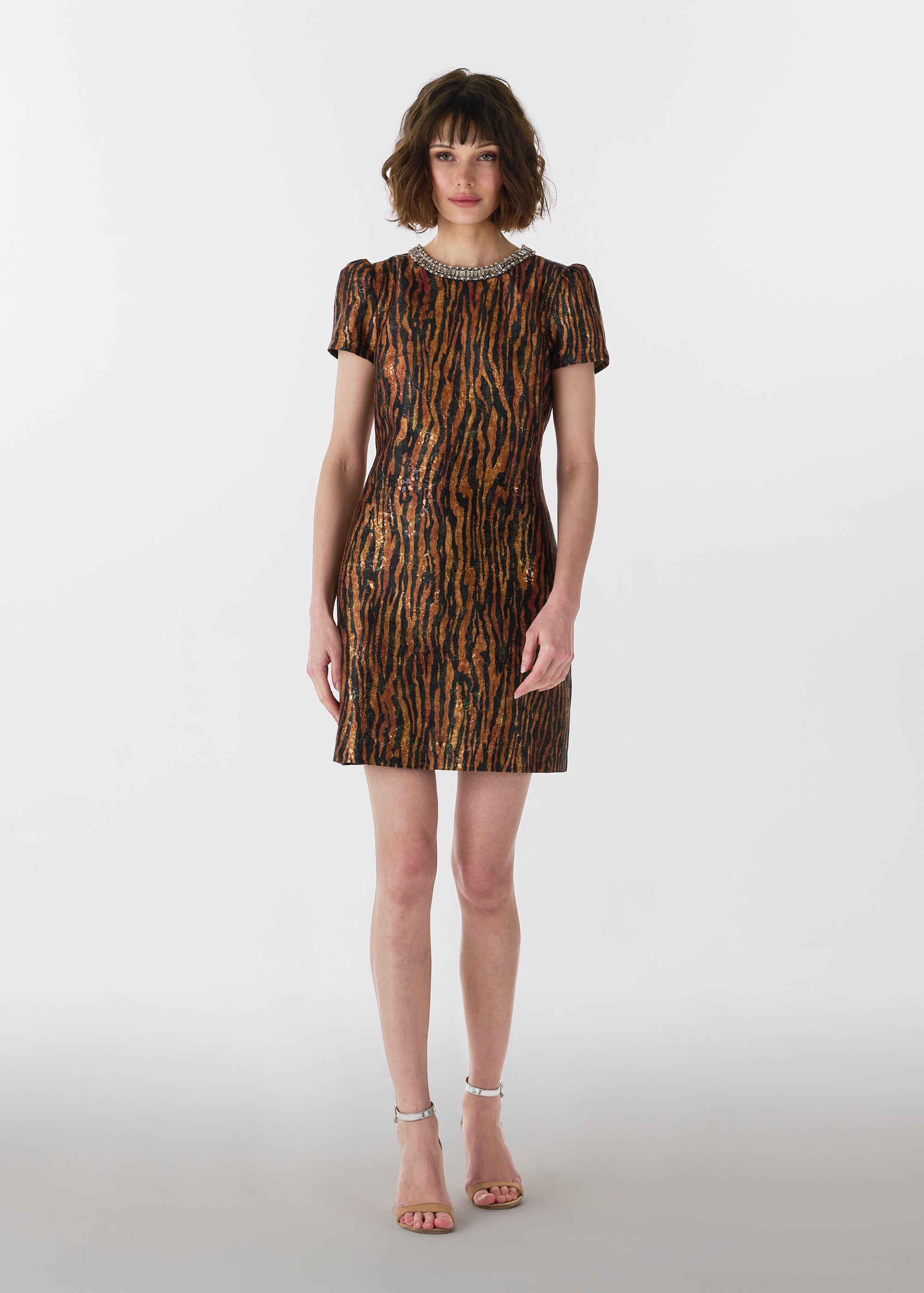 TIGER JACQUARD MINI DRESS WITH CRYSTAL NECKLINE