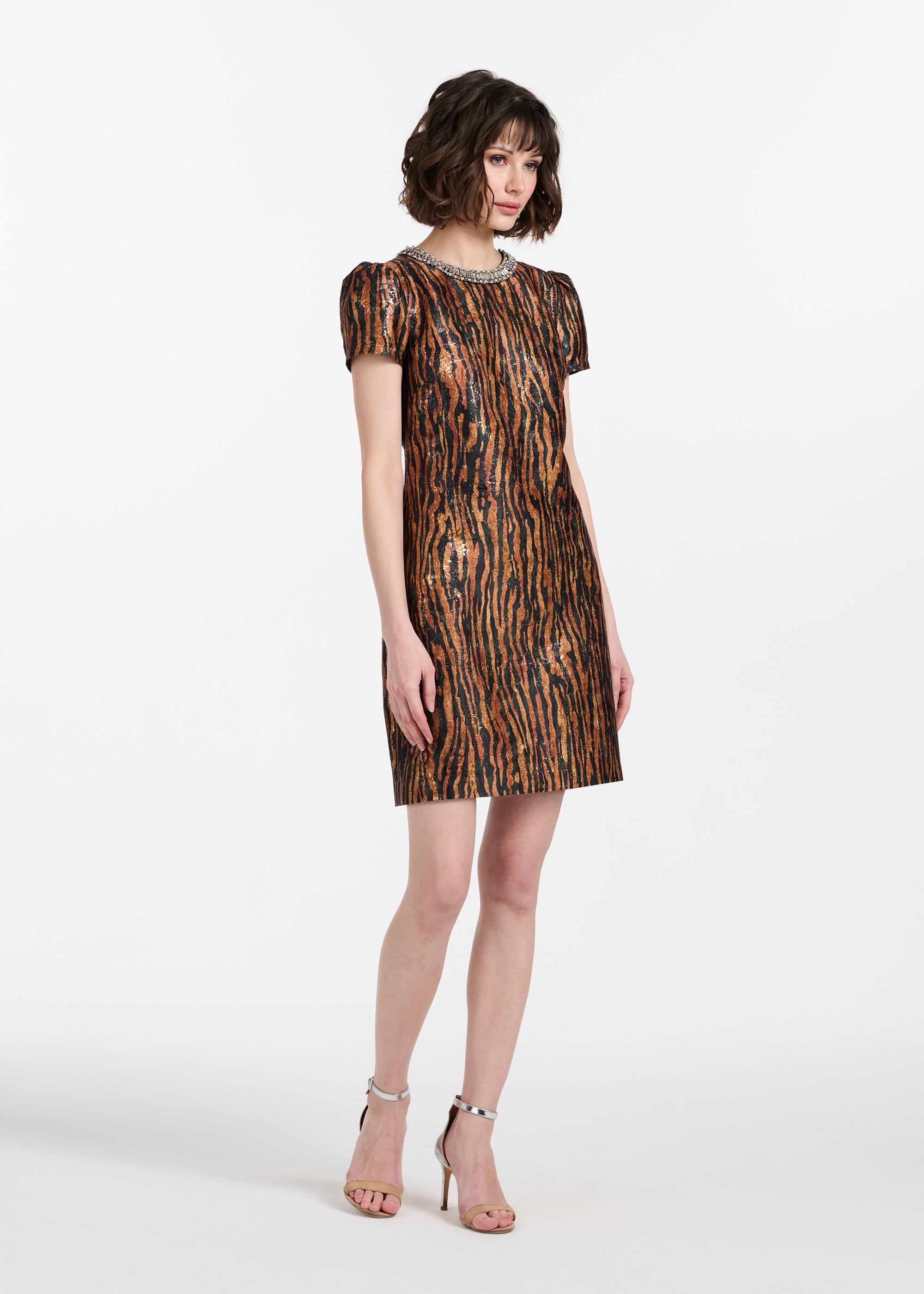 TIGER JACQUARD MINI DRESS WITH CRYSTAL NECKLINE