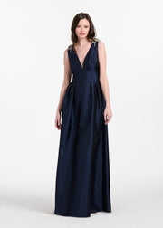 Faille Deep V Gown With Crystal Floral Bows