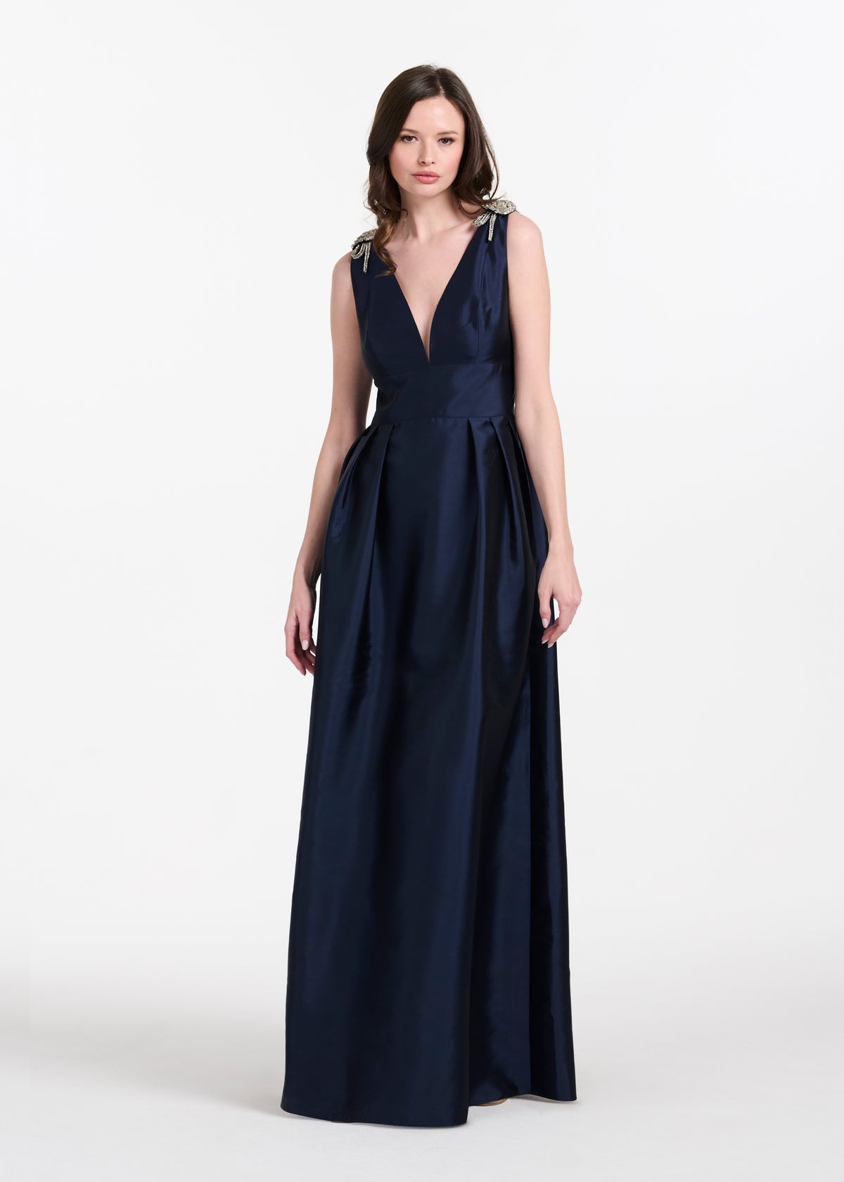 Faille Deep V Gown With Crystal Floral Bows