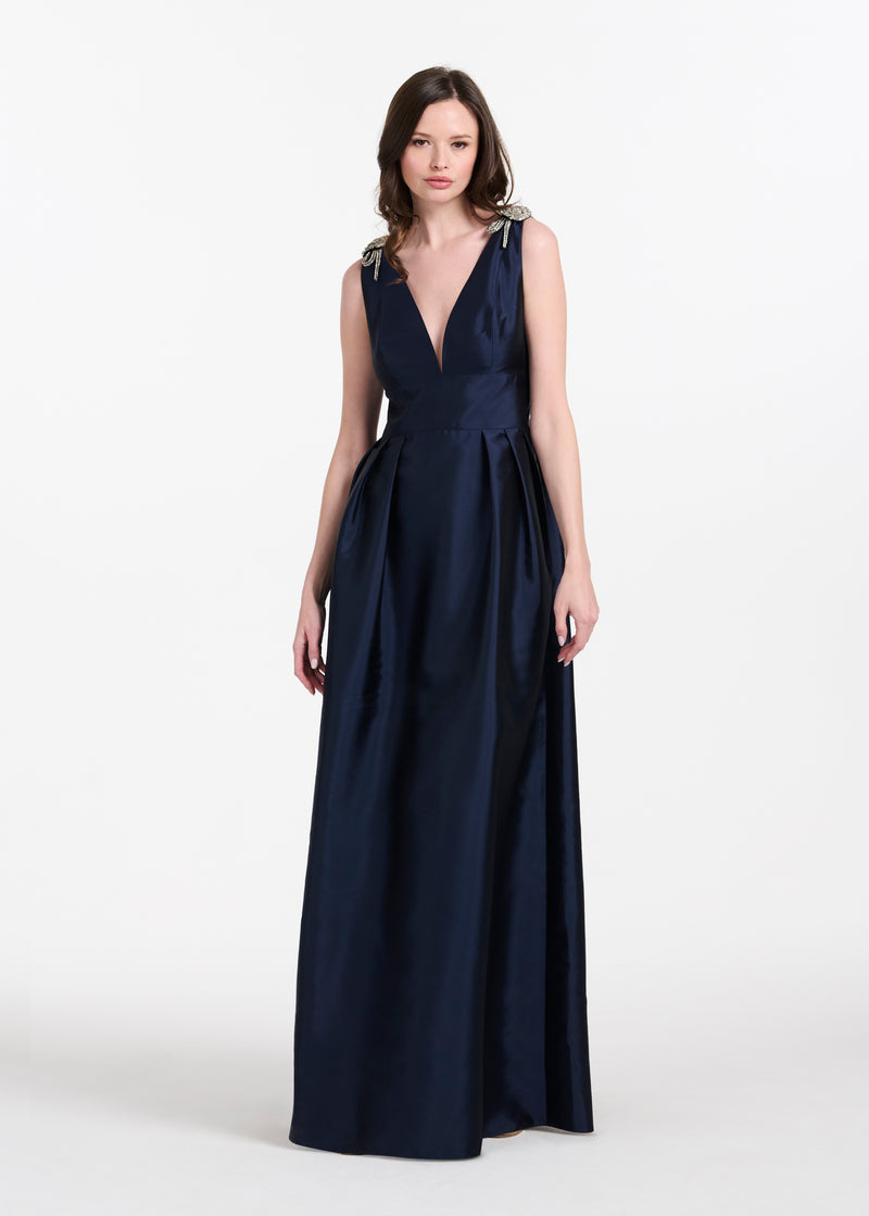 Faille Deep V Gown With Crystal Floral Bows