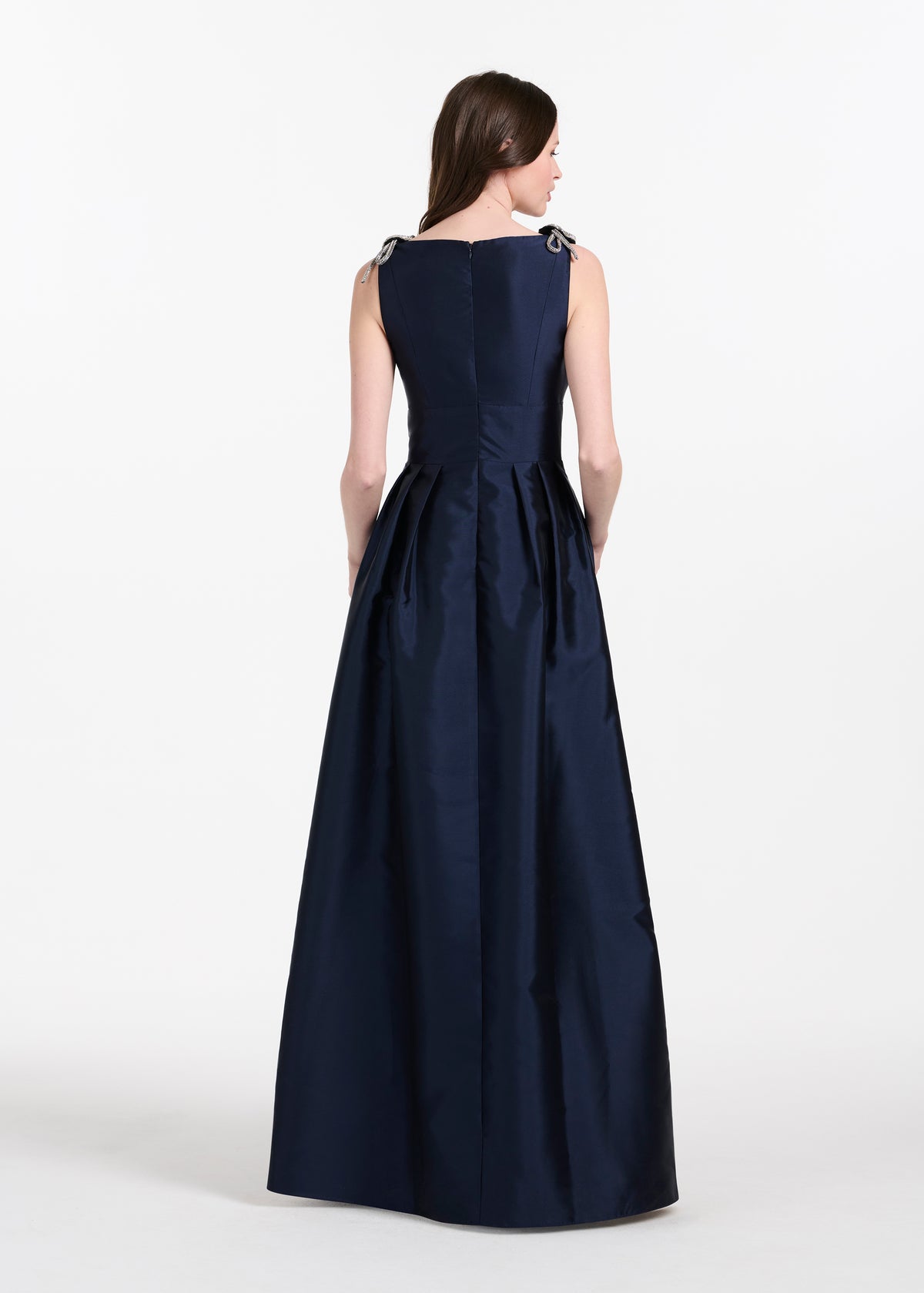 Faille Deep V Gown With Crystal Floral Bows