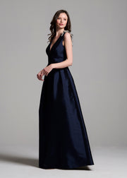 Faille Deep V Gown With Crystal Floral Bows