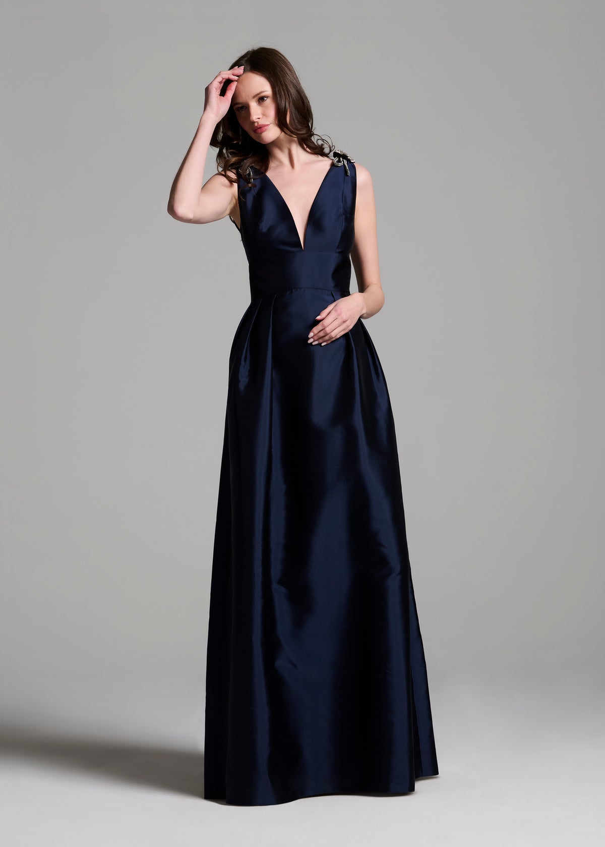 Faille Deep V Gown With Crystal Floral Bows