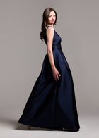 Faille Deep V Gown With Crystal Floral Bows
