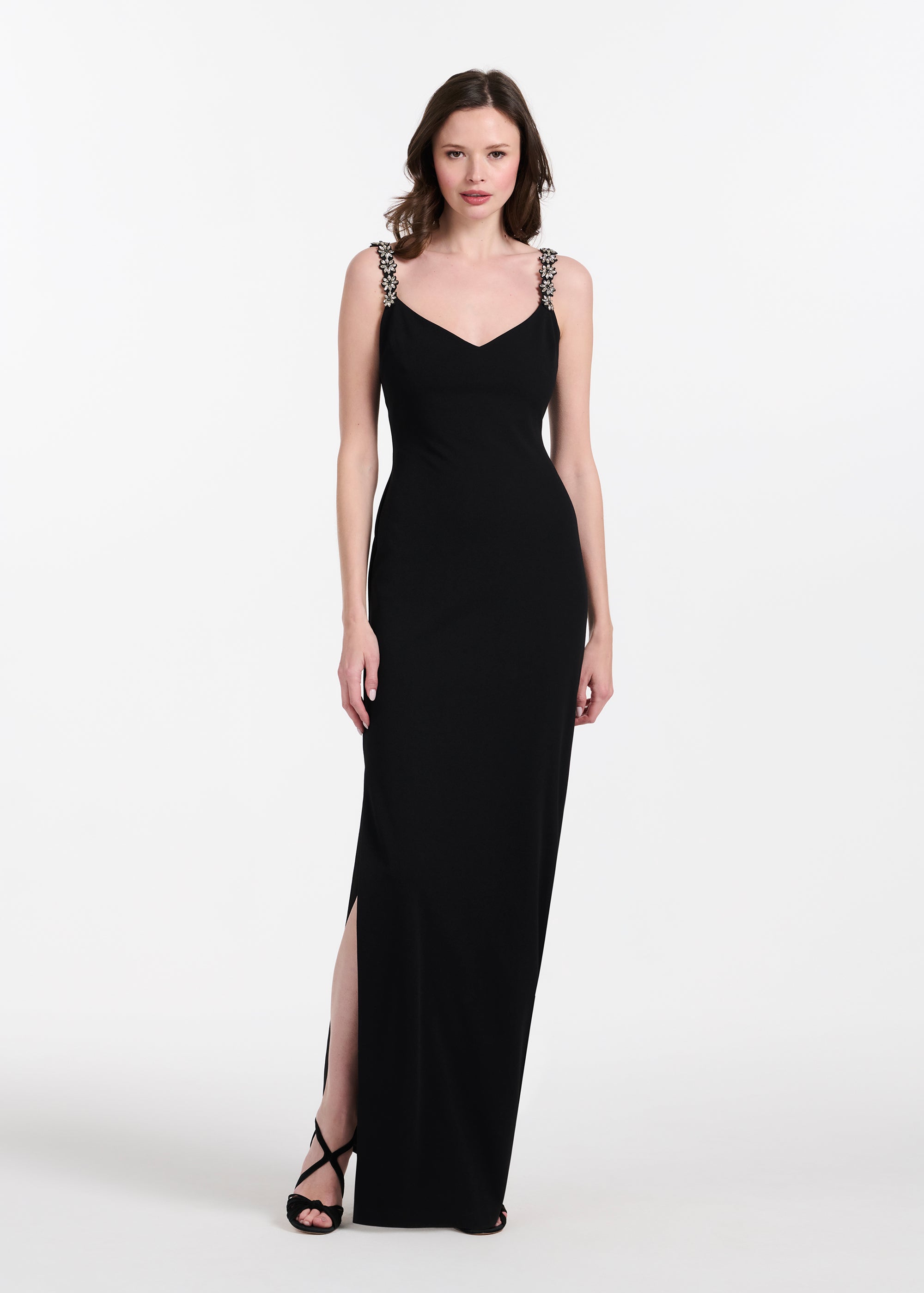 STRETCH CREPE SLIP DRESS WITH CRYSTAL FLOWER STRAPS
