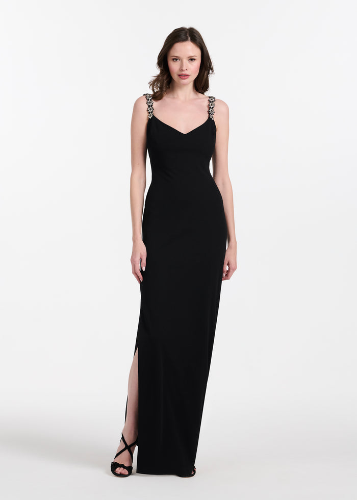 STRETCH CREPE SLIP DRESS WITH CRYSTAL FLOWER STRAPS
