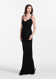 STRETCH CREPE SLIP DRESS WITH CRYSTAL FLOWER STRAPS