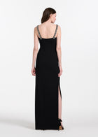 STRETCH CREPE SLIP DRESS WITH CRYSTAL FLOWER STRAPS