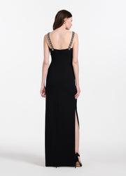 STRETCH CREPE SLIP DRESS WITH CRYSTAL FLOWER STRAPS