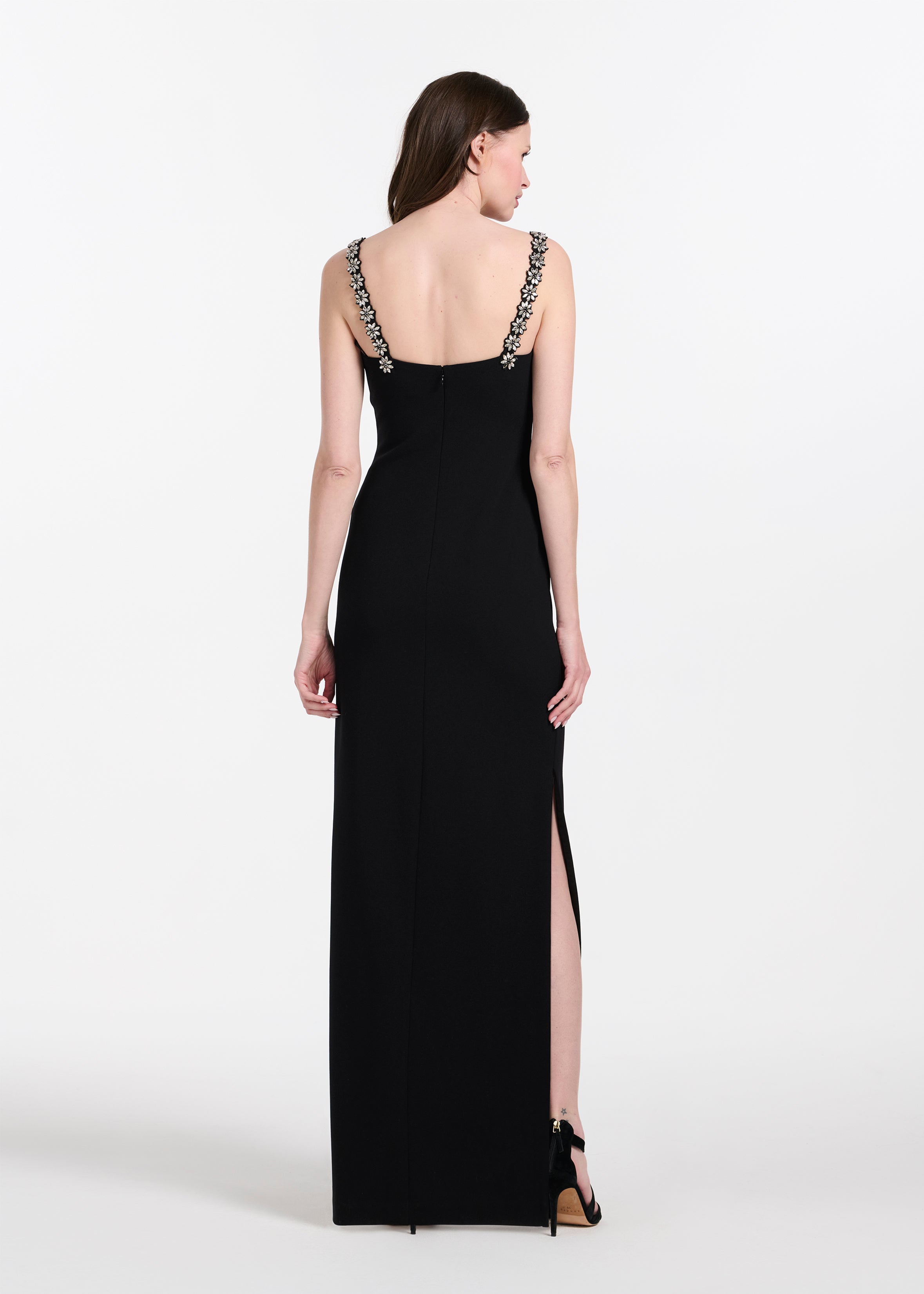STRETCH CREPE SLIP DRESS WITH CRYSTAL FLOWER STRAPS