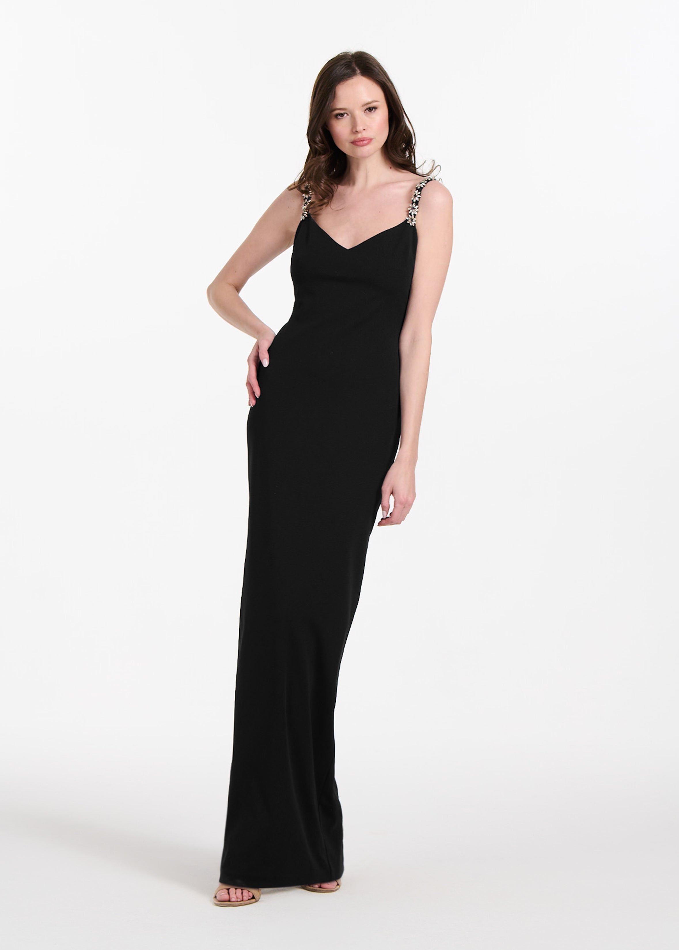 STRETCH CREPE SLIP DRESS WITH CRYSTAL FLOWER STRAPS