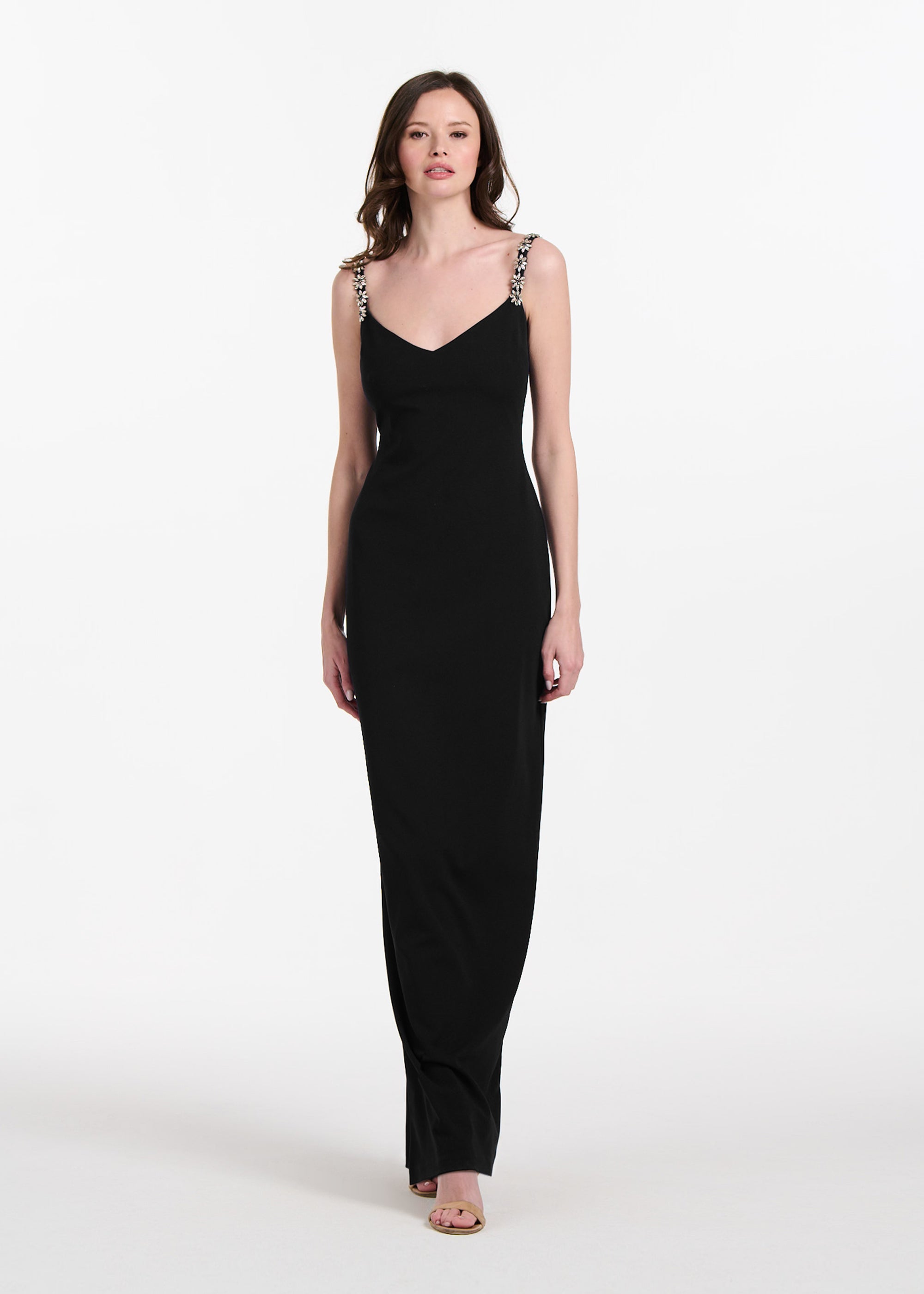 STRETCH CREPE SLIP DRESS WITH CRYSTAL FLOWER STRAPS