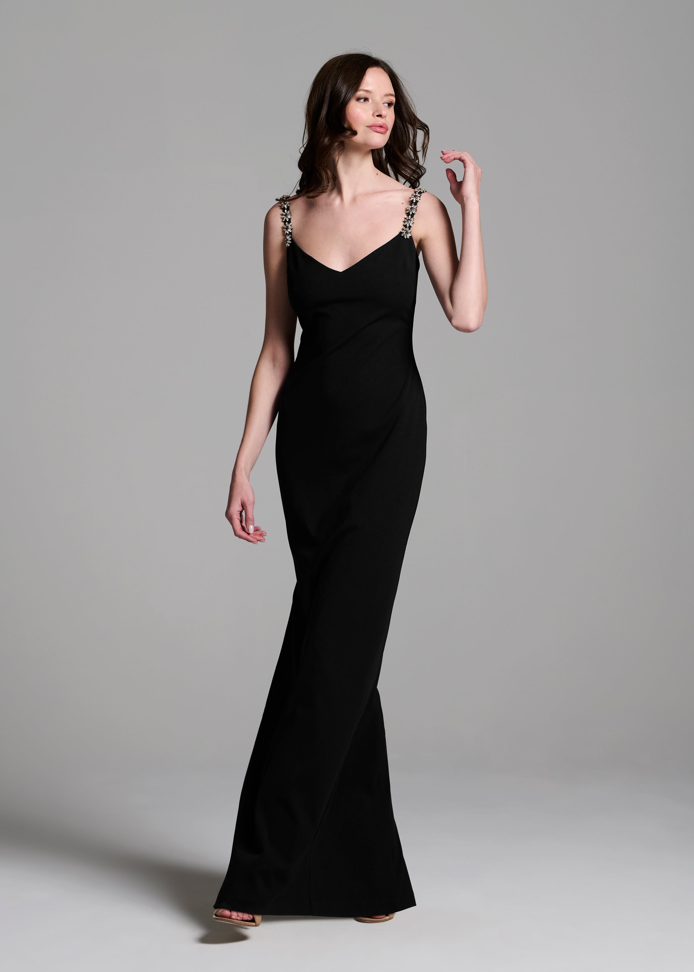 STRETCH CREPE SLIP DRESS WITH CRYSTAL FLOWER STRAPS