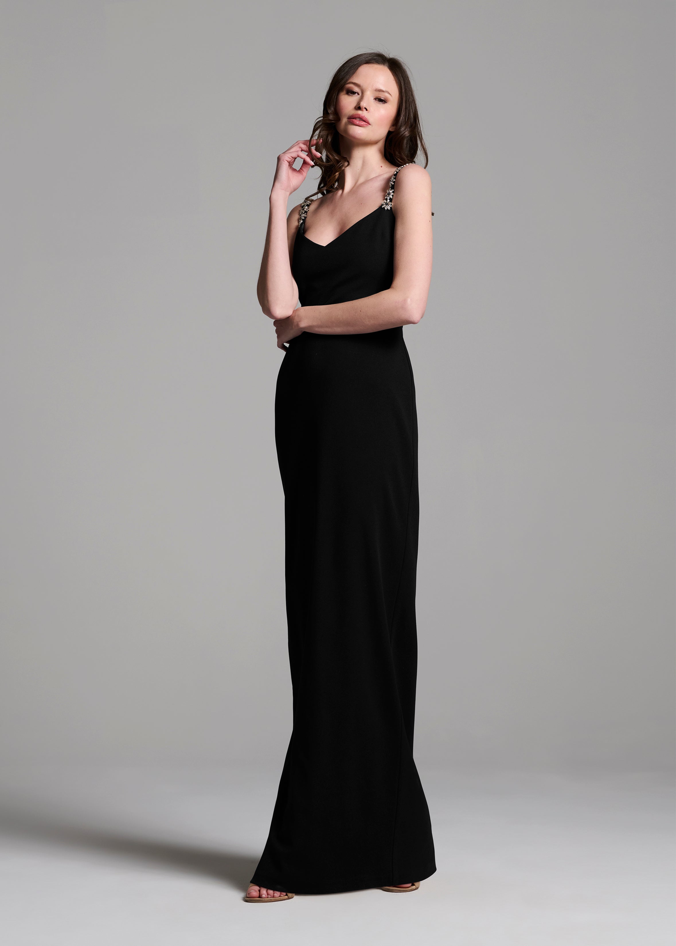 STRETCH CREPE SLIP DRESS WITH CRYSTAL FLOWER STRAPS