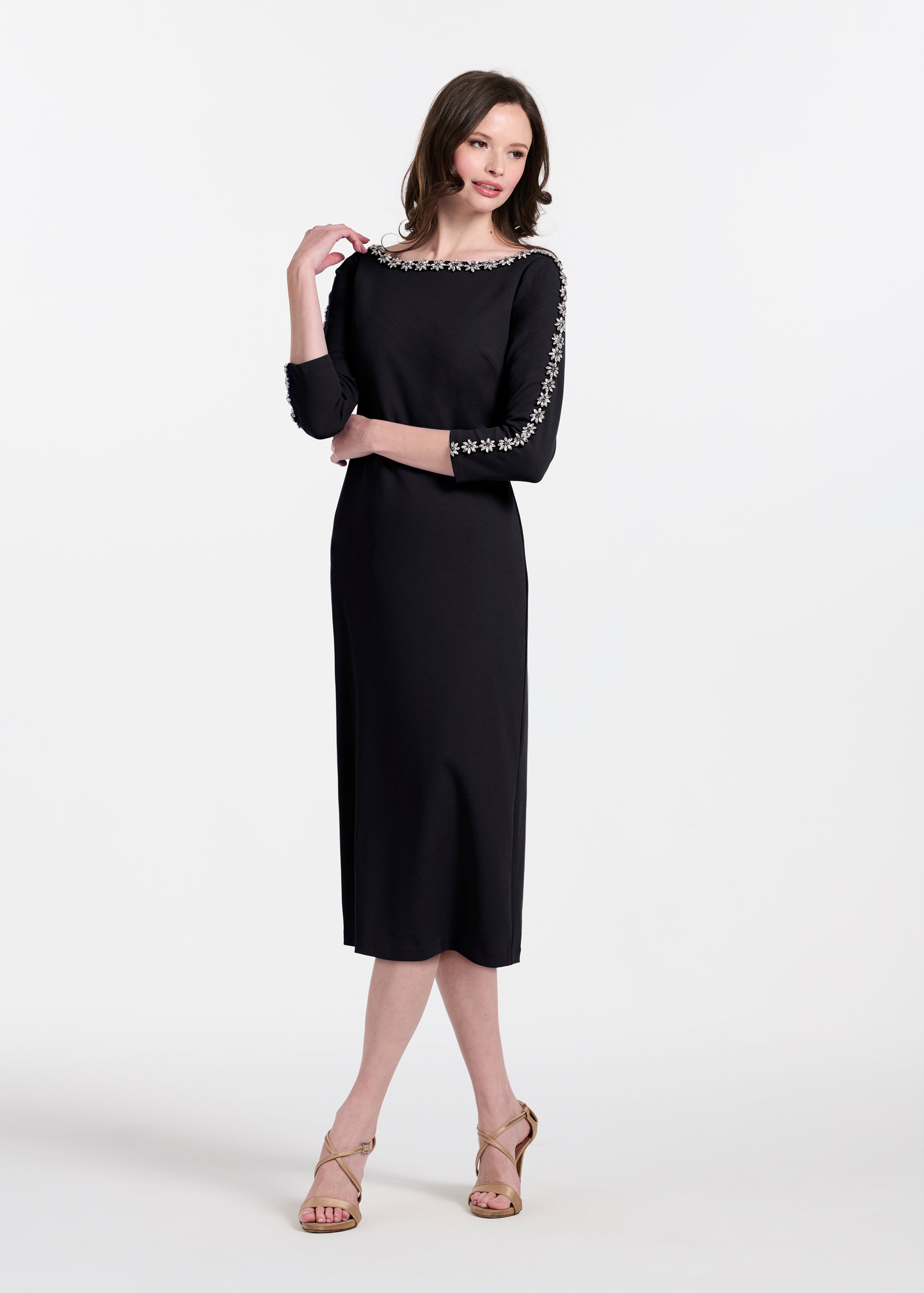 STRETCH CREPE MIDI WITH CRYSTAL FLOWERS BLACK
