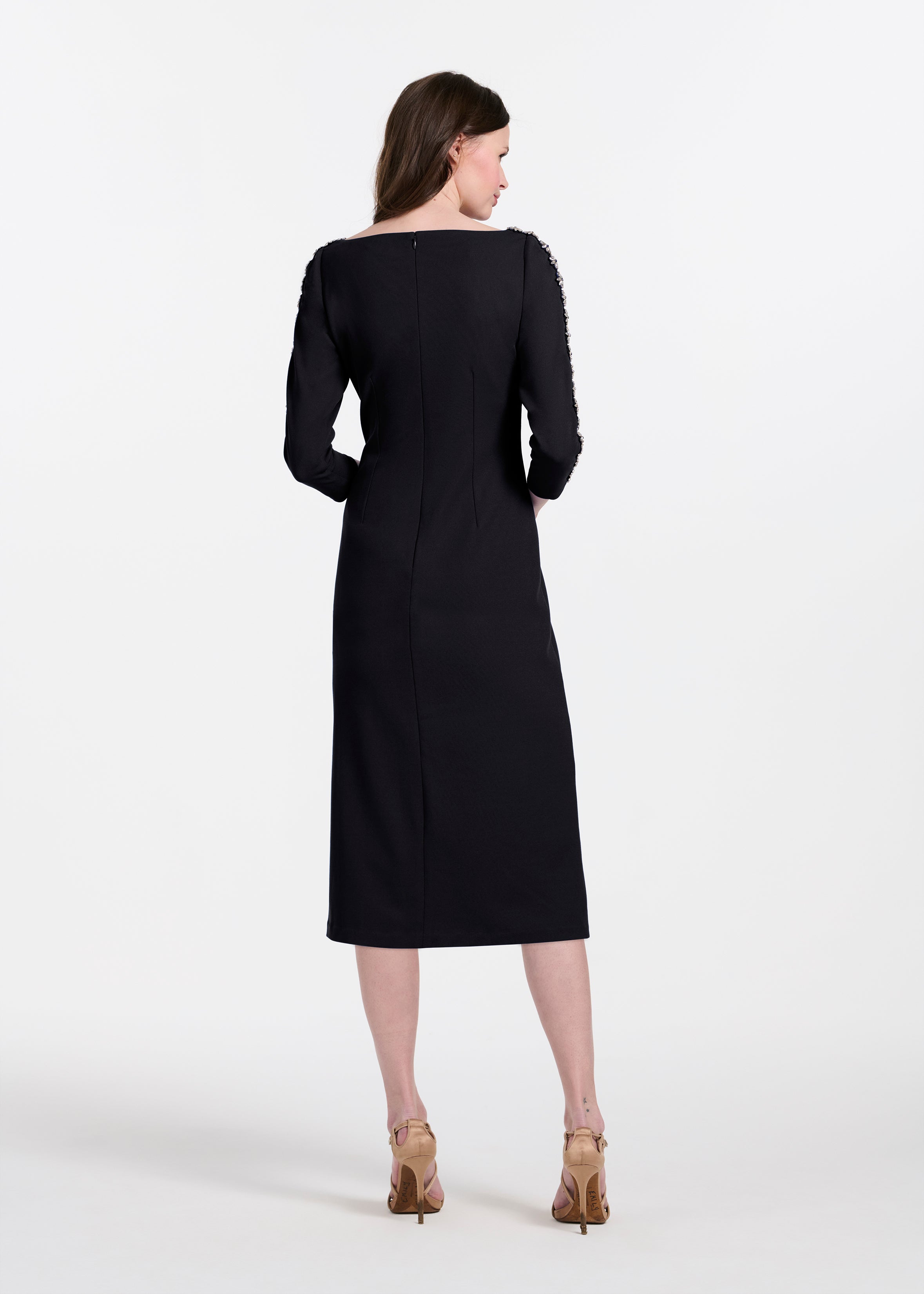 STRETCH CREPE MIDI WITH CRYSTAL FLOWERS BLACK