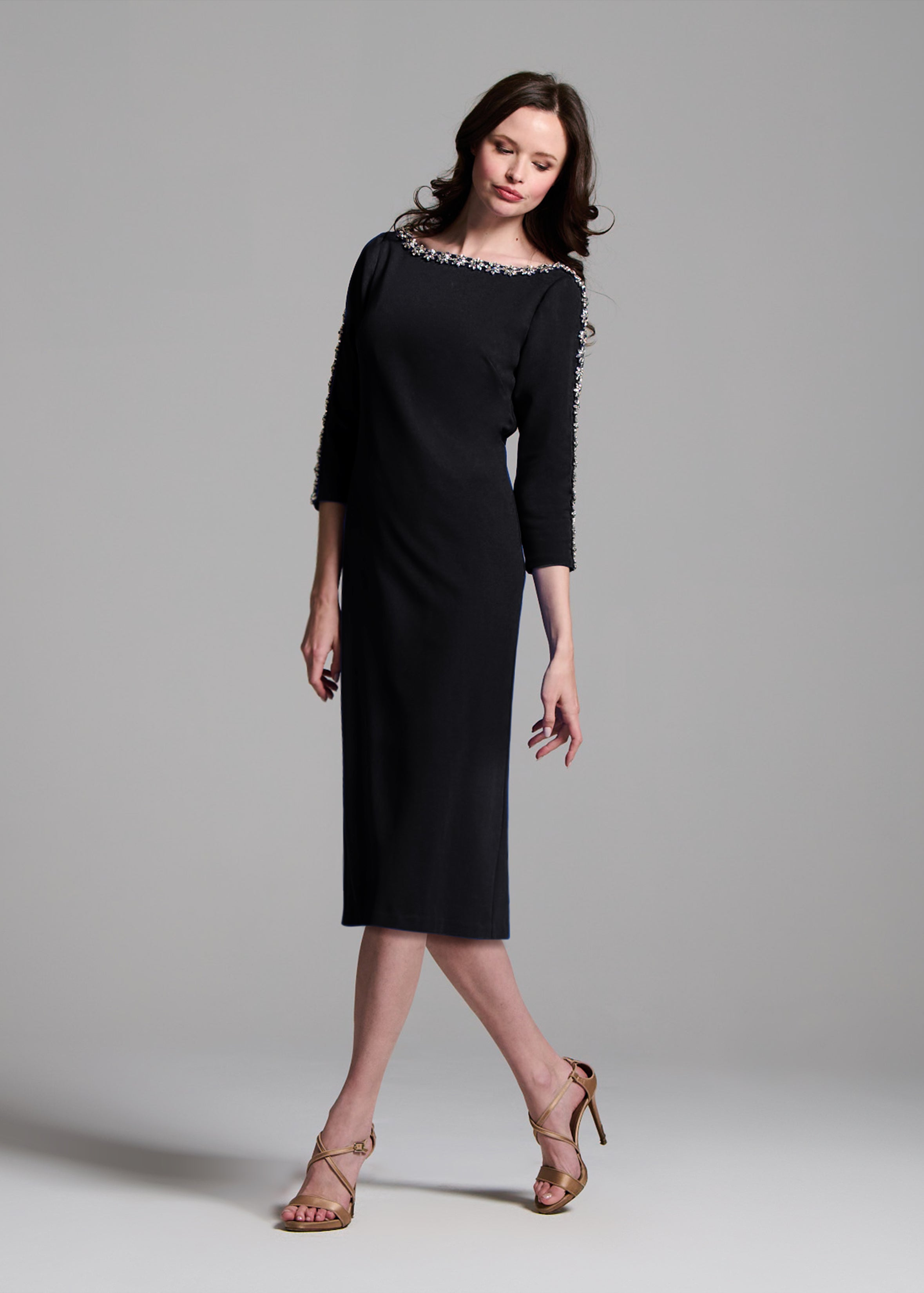 STRETCH CREPE MIDI WITH CRYSTAL FLOWERS BLACK