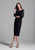 STRETCH CREPE MIDI WITH CRYSTAL FLOWERS BLACK