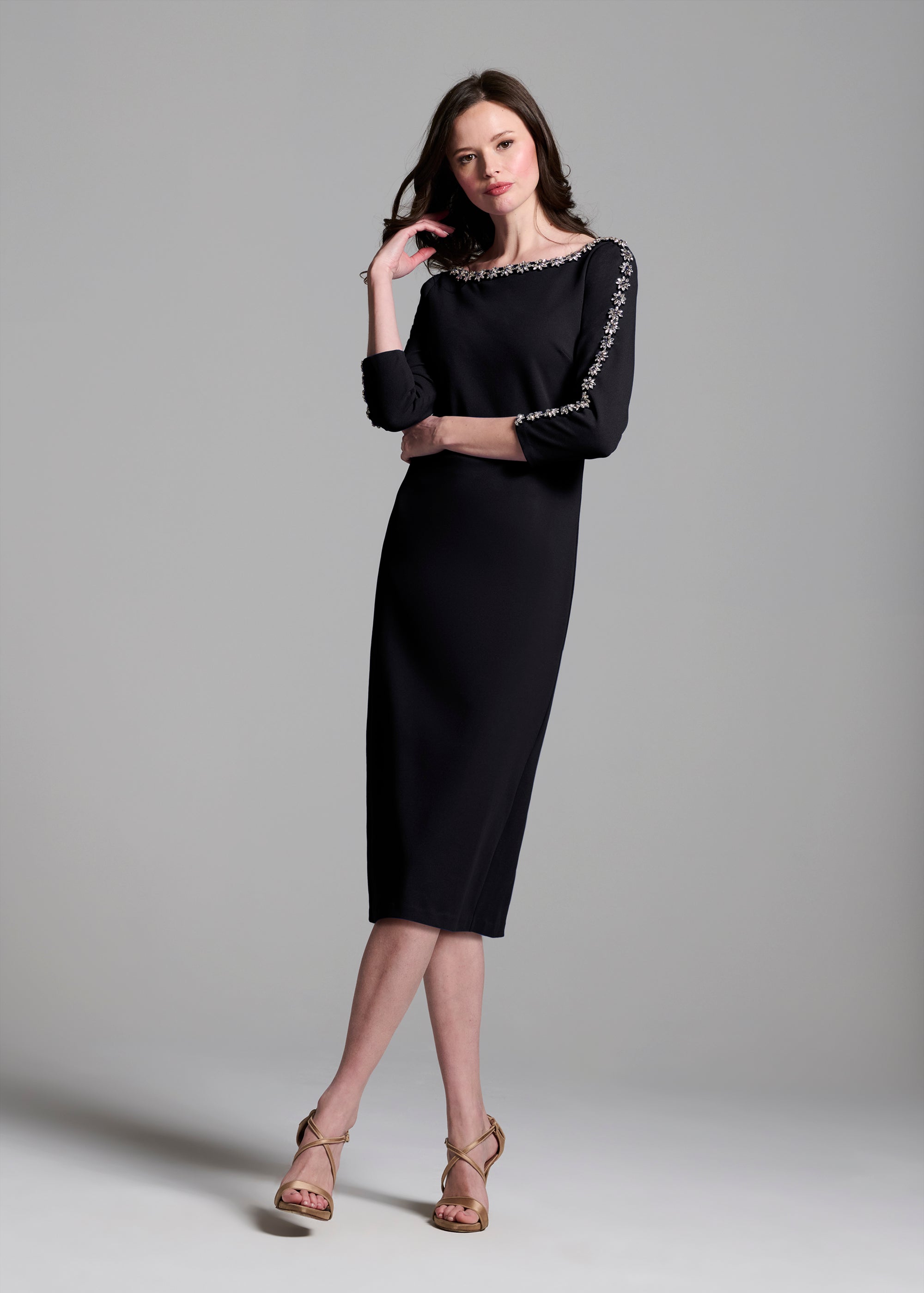 STRETCH CREPE MIDI WITH CRYSTAL FLOWERS BLACK