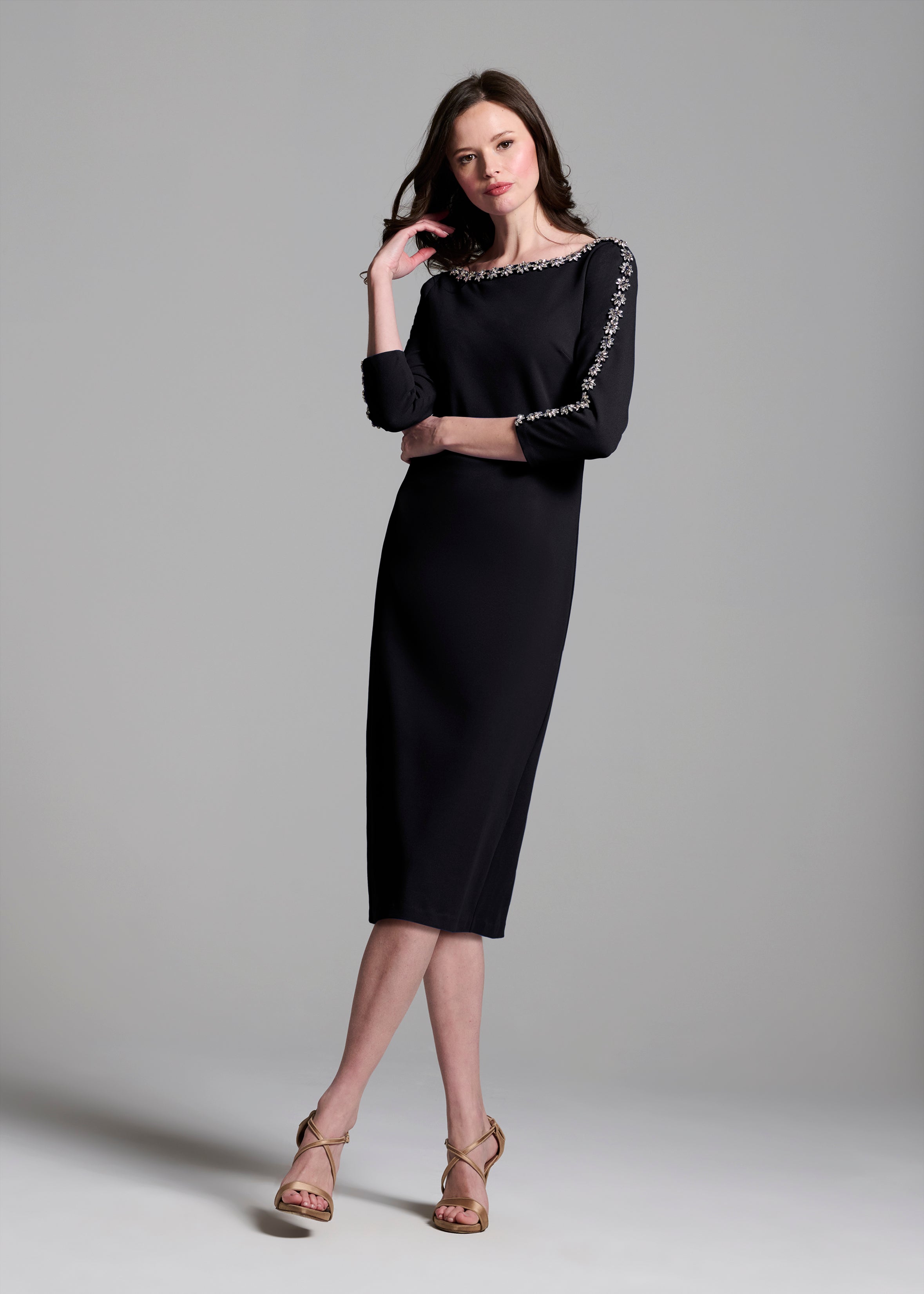 STRETCH CREPE MIDI WITH CRYSTAL FLOWERS BLACK