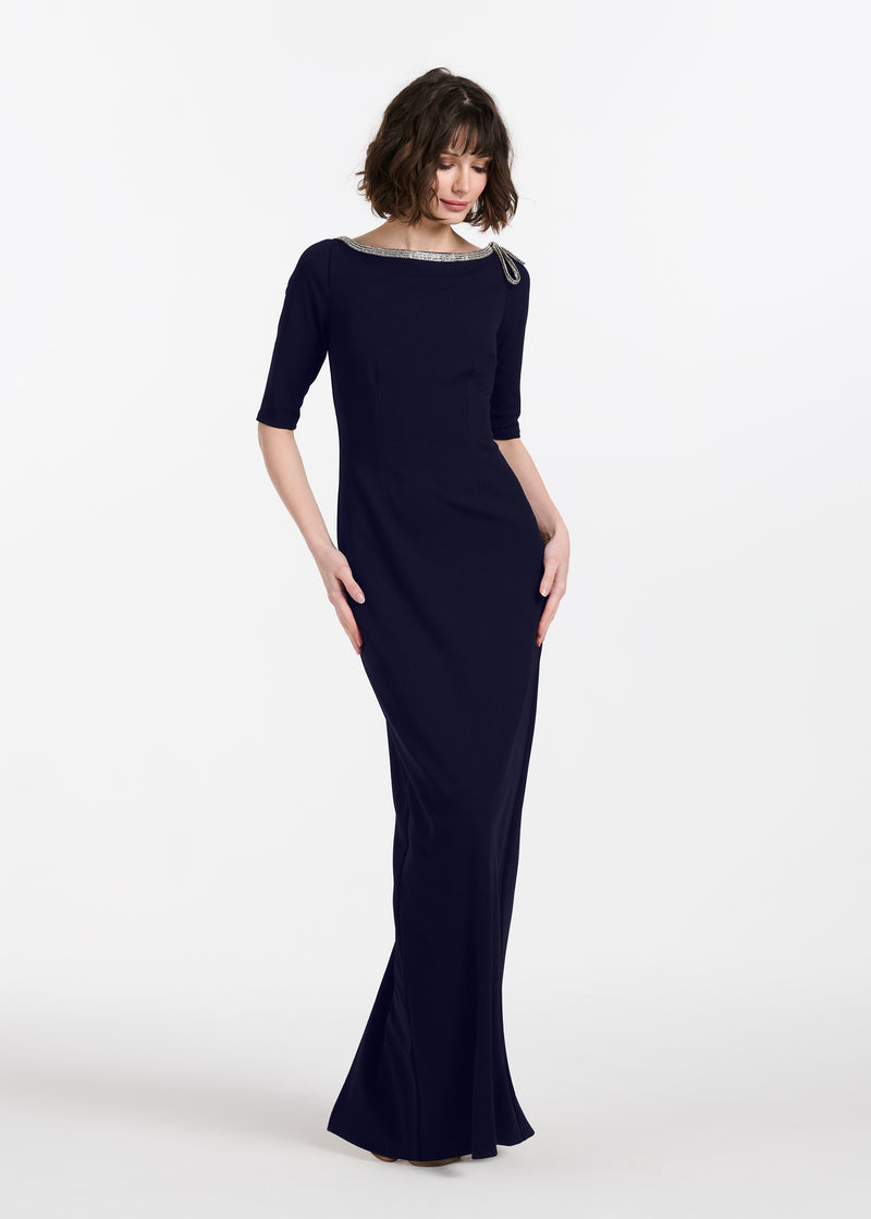 STRETCH CREPE JEWLED NECK COLUMN GOWN WITH CRYSTAL BOW NAVY