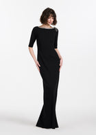 STRETCH CREPE JEWLED NECK COLUMN GOWN WITH CRYSTAL BOW RED