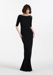 STRETCH CREPE JEWLED NECK COLUMN GOWN WITH CRYSTAL BOW RED